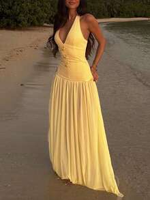 Women's Casual Elegant Deep V-Neck Halter Vacation Beach Party Dress - Yellow - View 3