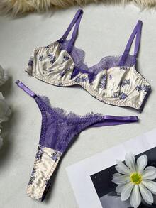 女士花卉印花蕾丝拼接性感内衣套装 - 紫色 - 查看 7