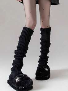 1 双纯色休闲涤纶针织过膝保暖腿套，时尚博主风格，适合秋冬季