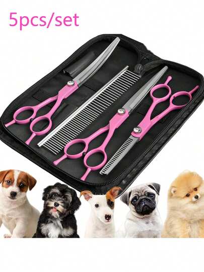 7英寸宠物美容剪刀套装，包含弯剪、直剪和稀毛剪，适用于小型和大型宠物，左右手均可使用。