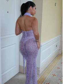 豹纹露背吊带晚礼服 - 露背无袖鸡尾酒会礼服，配丝巾系带，正式婚礼宾客礼服，派对礼服 - 紫羅蘭色 - 查看 6