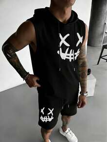 男士休闲百搭印花元素连帽背心短裤套装，春夏款 - 黑色 - 查看 1