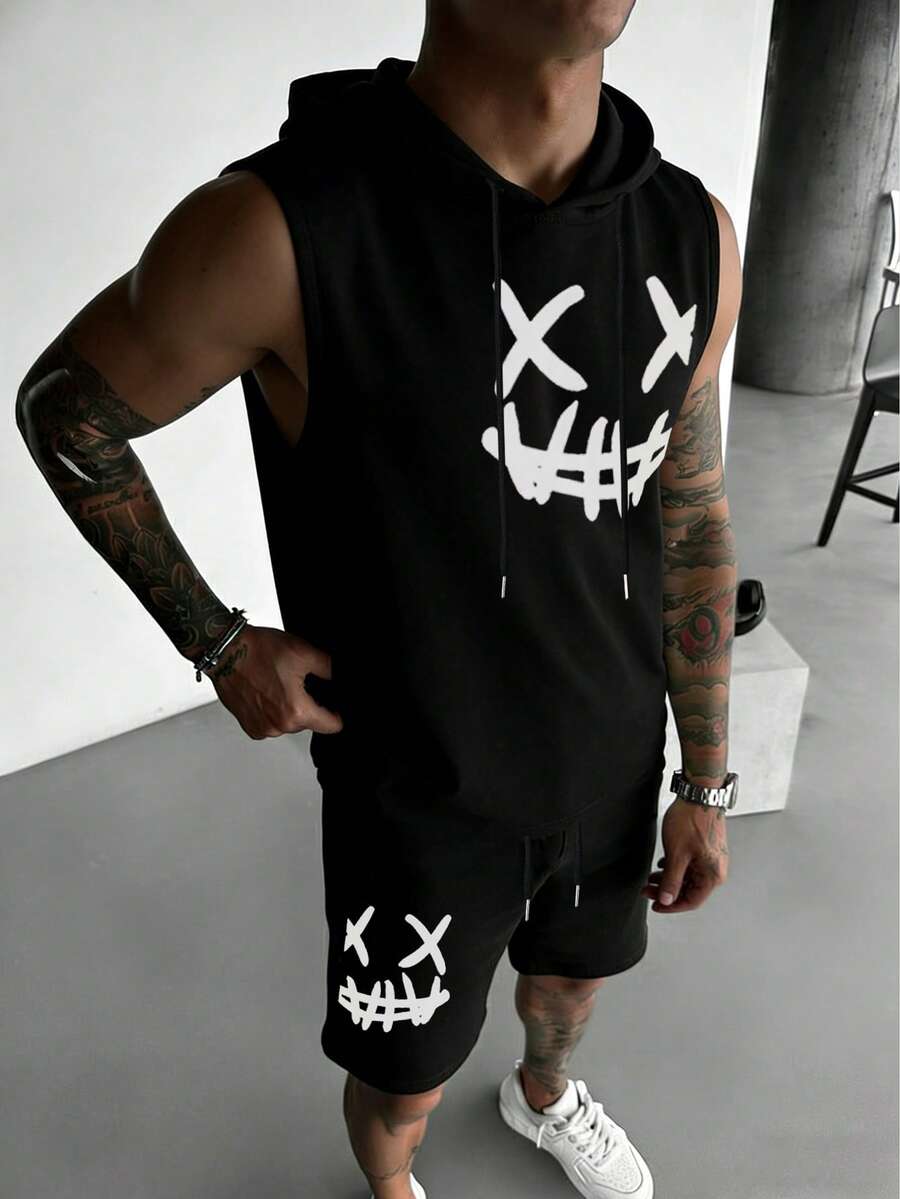 男士休闲百搭印花元素连帽背心短裤套装，春夏款 - 黑色 - 查看 1