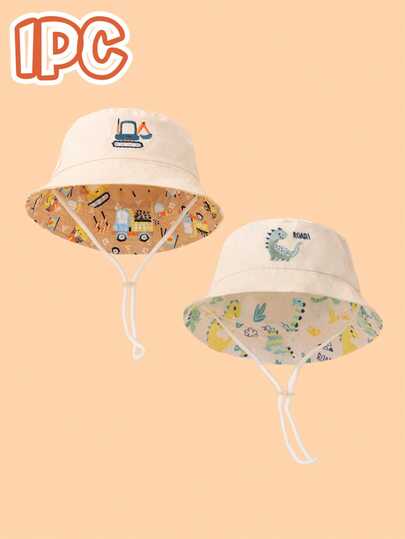 1pc Kids Khaki Cartoon Embroidered Reversible Bucket Hat, Available In Excavator Embroidery And Dinosaur Embroidery Patterns, Internal Excavator Vehicle And Dinosaur Patterns, Can Be Worn , Fashionable Personalized Cute Design, Suitable For Sun Protection, Outdoor Activities, Birthday And Holiday Gift For 3-8 Year Old Boys