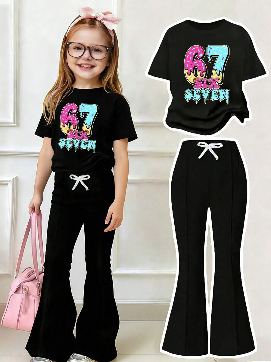 少女数字印花短袖T恤和喇叭裤休闲套装 - 黑色 - 查看 1