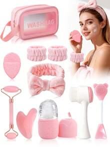 4/7/8/10pcs/Set Facial Beauty Care & Massage Tool Kit Combo - Face Massage Scraper, Roller, Ice Mold, Cleansing Brush, Face Mask Brush, Washing Sponge, Headband, Wristband, Toiletry Bag, Makeup Bag