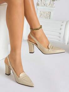 Women's Pointed Toe Chunky Heel Loafers With Backstrap, Commuting & Business High Heels - Apricot - View 2
