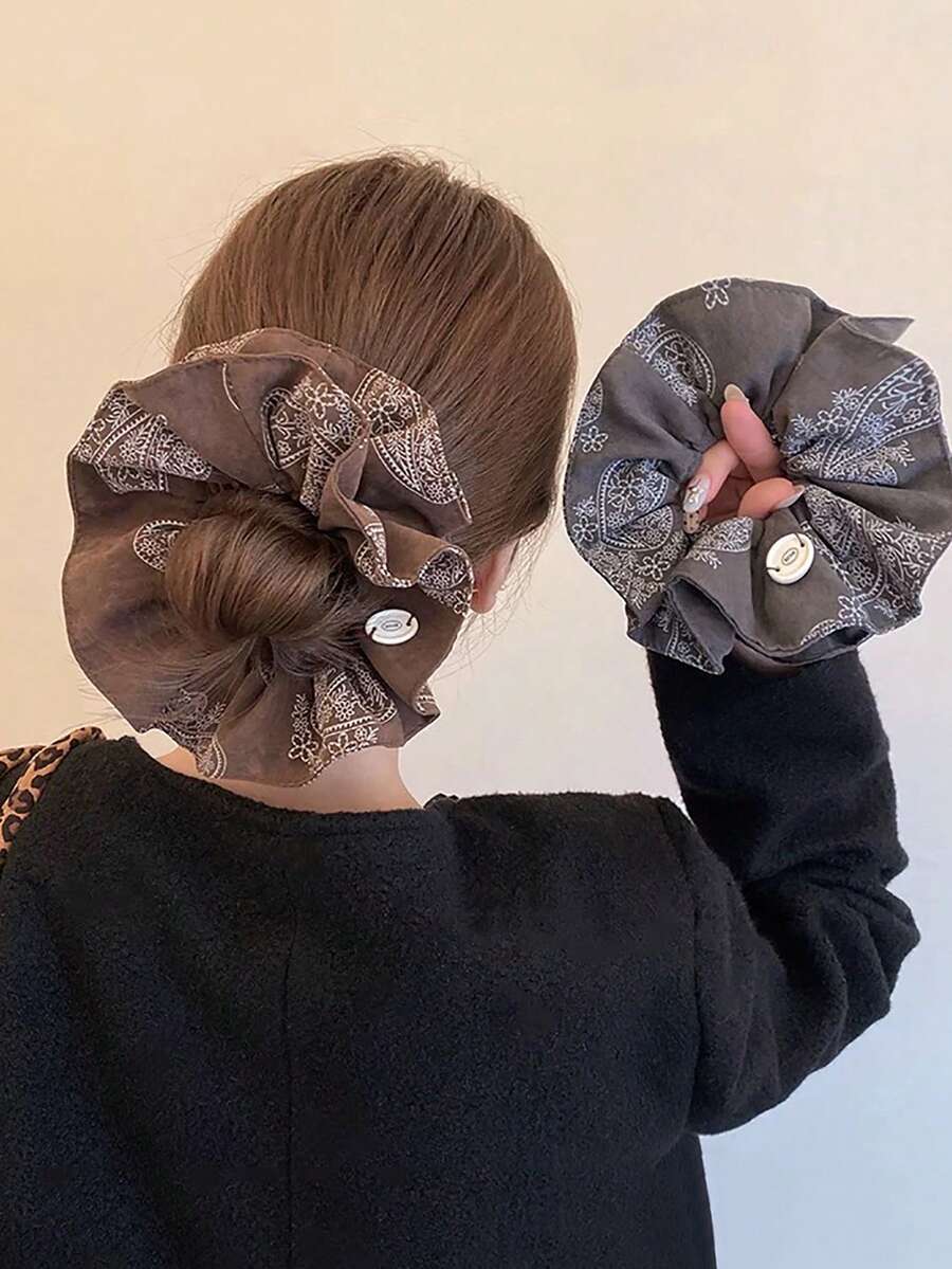 1pc Korean Retro Cashew Floral Print Double-Layer Large Hair Scrunchie, Slouchy Big Bun Holder Hair Accessory - Multicolor - View 1