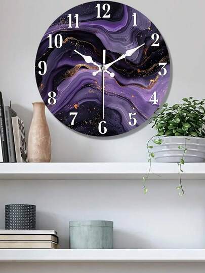 Modern Purple Marble Wooden Wall Clock - 10/12 Inch, Non-Ticking, Easy To Read, Battery Operated - Perfect For Living Room, Kitchen, Bedroom, Office Decor (Batteries Not Included)