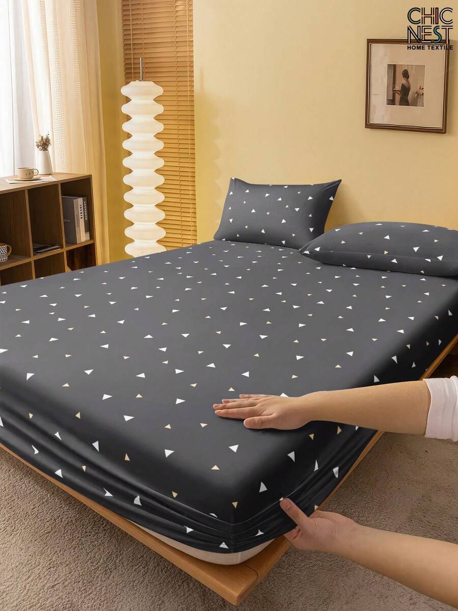1件装时尚深灰色几何三角形图案床笠，床垫保护套，情人节爱心床垫罩，床单，柔软透气，适用于各种尺寸的床——单人床、双人床、特大号床、大号床，深口袋设计，最大可达11.8英寸，透气防皱，提升睡眠质量，可机洗。返校季宿舍必备。 - 深灰色 - 查看 1