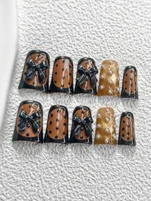 10pcs Elegant Minimalist Gel Nail Art Set, Acrylic Press-On Nails, Hand-Painted Black Edge Design, Black Bow Nail Decor, Black Polka Dot Nail Accessories, Brown & Yellow Nail Polish, Includes Nail Tools (1 Jelly Sticker + 1 Nail File), 3 Sizes: Almond, Duck Mouth, Coffin, Suitable For Valentine's Day, Commuting, Photography, Parties, Winter Nails, Great Gift For Women & Girls Nail Supplies - 彩色 - 查看 13