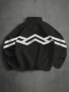 Men's Striped Collar Jacket With "DAUNTLESS" Letter Graphic, Outdoor Camping Coat With Full Zip Closure And Elastic Cuffs/Hem - Black - View 2