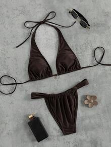 Bộ đồ đi biển mùa hè 2 món dành cho nữ: Bikini tam giác cổ yếm màu nâu, mặt dây chuyền kim loại mạ vàng hồng hình hoa hướng dương/rêu Mexico thanh lịch, bộ đồ bơi đi biển có dây rút điều chỉnh, đồ bơi thoải mái và dễ thương phù hợp cho bãi biển, hồ bơi, kỳ nghỉ hè, ngày Valentine. - màu nâu - Xem 4