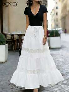 DONICY 高腰抽绳蕾丝拼接长裙，优雅百搭，适合春夏穿着，是休闲外出、咖啡馆和约会的理想之选。 - 白色 - 查看 5