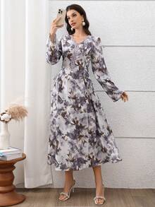 女士花卉印花钩编拼接长袖睡袍，优雅A字裙摆，适合晚宴、婚礼宾客、周年纪念、日常穿着及春季度假等场合。 - 灰色 - 查看 6