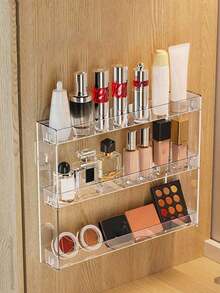 Présentoir de maquillage transparent sans perçage, étagère de rangement en acrylique multicouche, étagère murale pour salle de bain, organisateur de cosmétiques et de soins de la peau, style de rangement minimaliste, matériau en acrylique transparent, design à plusieurs niveaux, installation sans perçage - Transparent - Voir 3