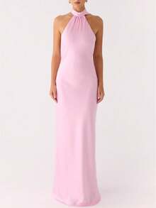 Women Scarf Maxi Dress Silk Halter Neck Tie Up Backless Bodycon Dress Cowl Back Draped Party Wedding Guest Cocktail Dresses With Neck Scarf - 粉色 - 查看 1