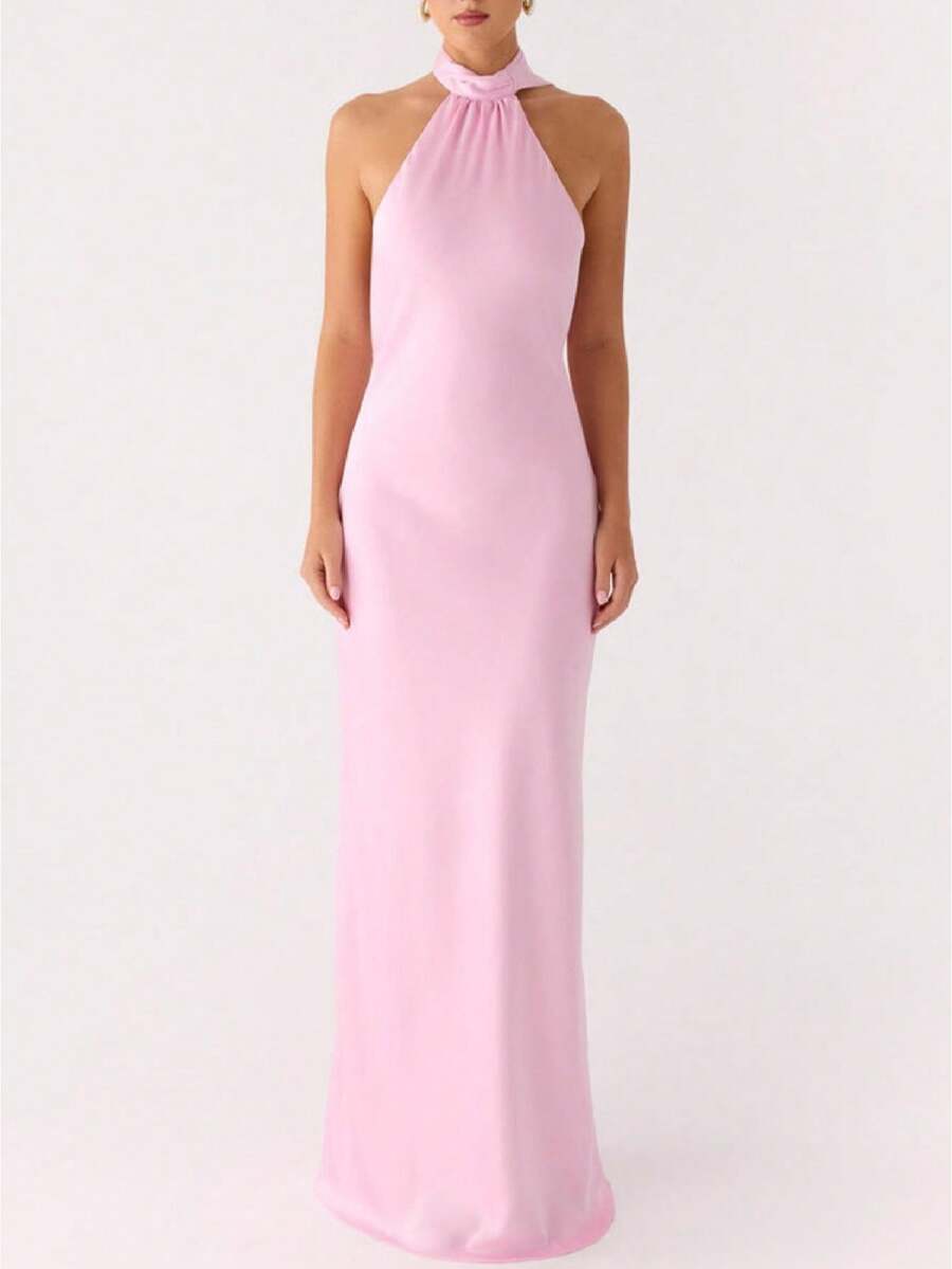 Women Scarf Maxi Dress Silk Halter Neck Tie Up Backless Bodycon Dress Cowl Back Draped Party Wedding Guest Cocktail Dresses With Neck Scarf - 粉色 - 查看 1