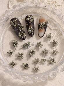 3D Flatback Retro Black Gold Hibiscus Flowers Nail Art Accessories With Various Shapes Floral White Pearls Jewelry Gems Diy Craft Decoration,Retro-Style Nail Gems Nail Salon Supplies