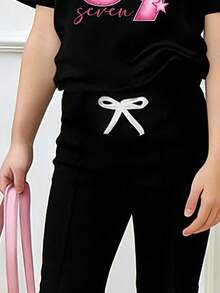 少女字母数字印花圆领短袖T恤搭配喇叭裤休闲套装 - 黑色 - 查看 4