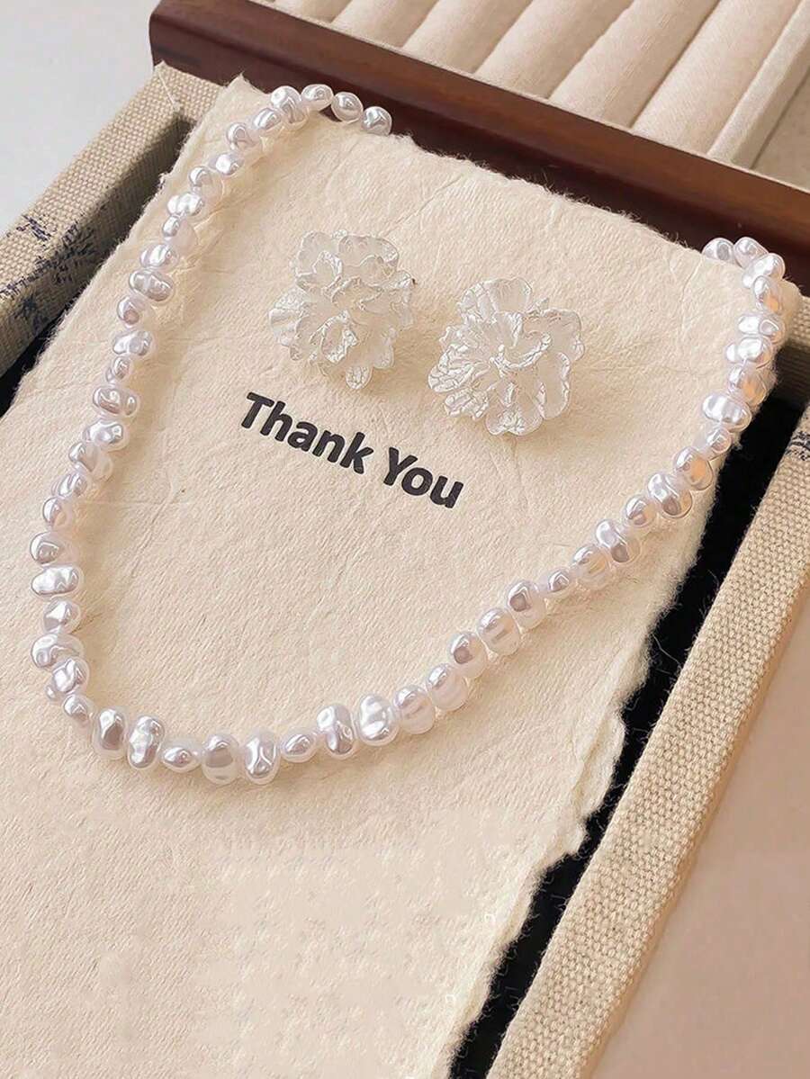1 Set Minimalist Elegant Flower Earrings & Asymmetrical Faux Pearl Necklace, Fashionable & Versatile, Suitable For Women Everyday & Occasions