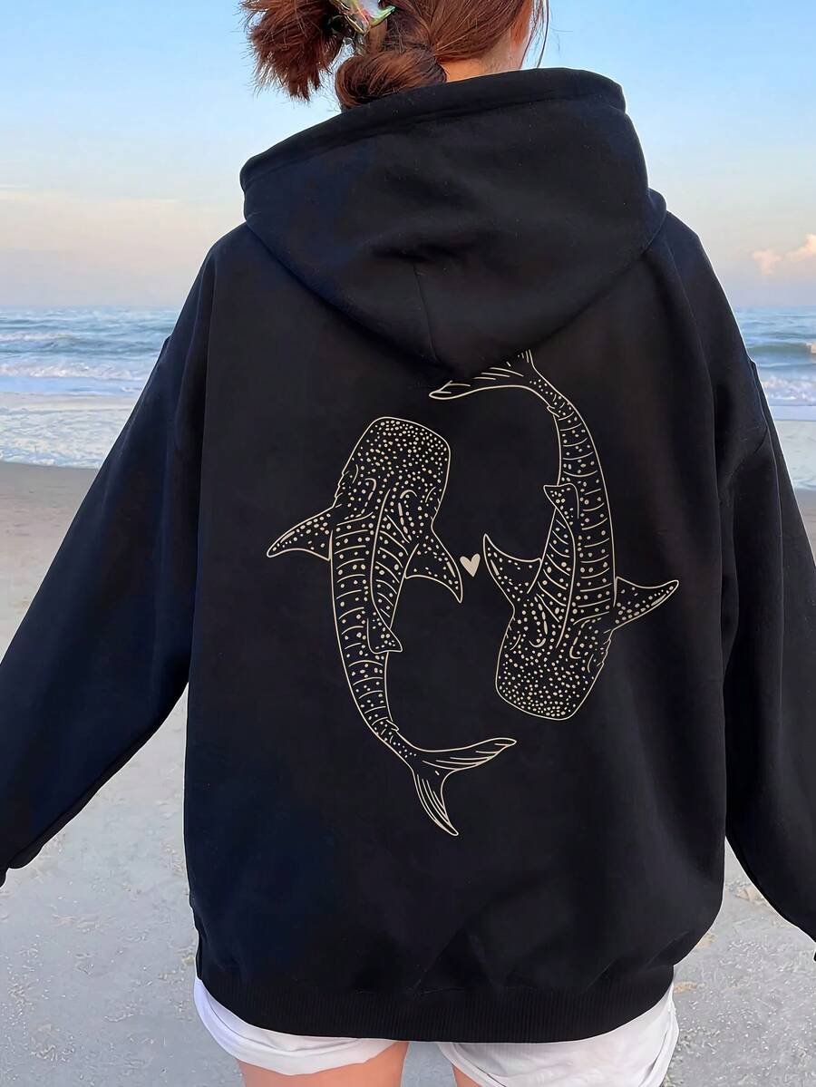 Women's Shark Tooth & Chinese Character Print Plush Hoodie - Kanji-Inspired Lettering, Loose Fit Winter Sweatshirt With Kangaroo Pocket, & Chinese Script Design, Cozy Fall Winter Jacket (Machine - Black - View 1