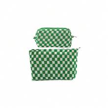 ZLFSRQ 2Pcs Checkered Makeup Bag For Women Large Small Checkered Cosmetic Bag Set Aesthetic Preppy Pencil Case Cute Pencil Pouch Green Makeup Pouch For Purse Travel Toiletry Bags Zipper Skincare Bags - B-格子2件裝 混合綠色 - 查看 1