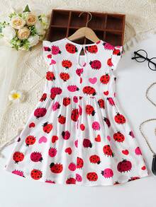 Girls' Summer New Cartoon Animal Print Heart Ruffle Sleeve Dress - Red - View 2