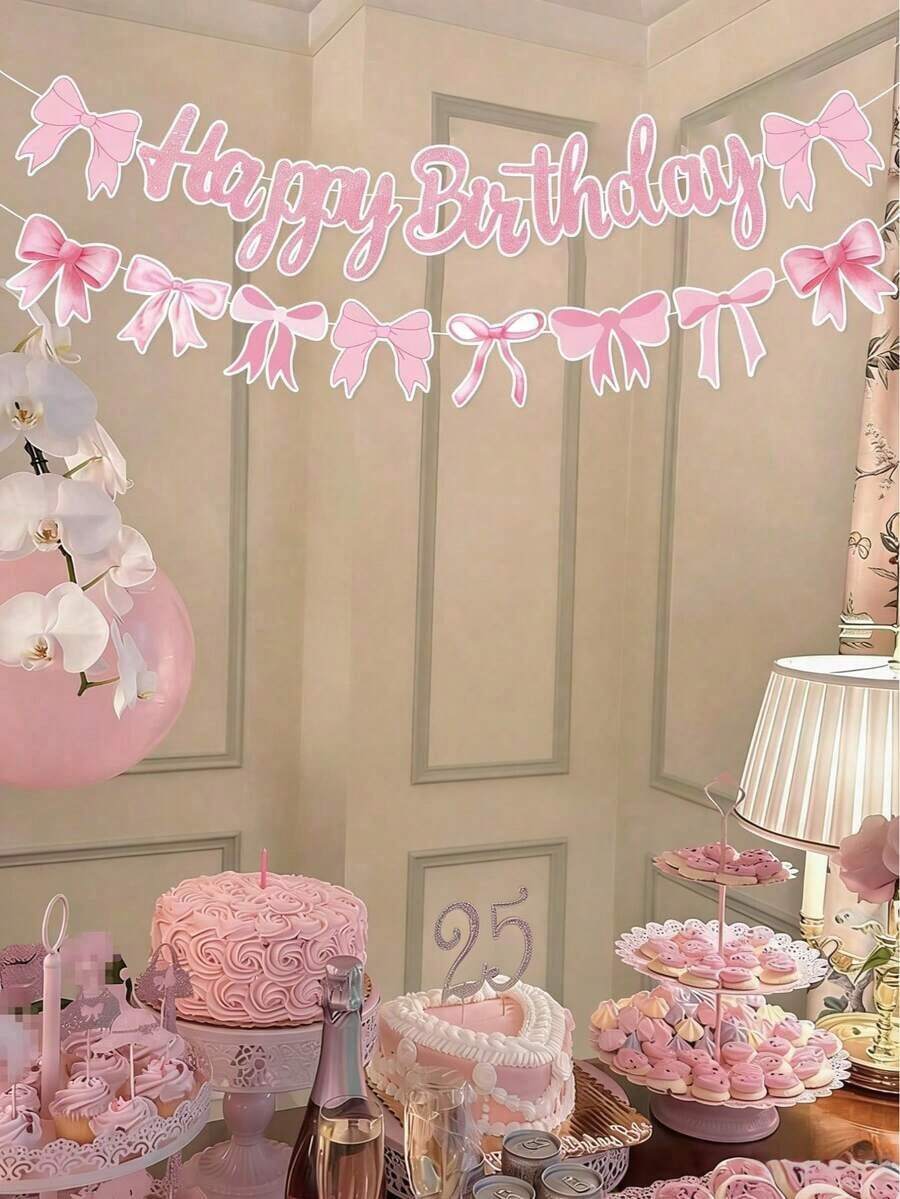 1 Set Black Bow Sparkly Happy Birthday, Decoration Girls Party Background,Happy Birthday Bows Garland, Glitter Pink Happy Birthday Bow Decorations Girls, Pink Birthday Party Supplies,1st Birthday Party Banners, Bridal Shower Party Decorations, Room Home Bedroom Living Room Wedding Outdoor Decor, - 黑色 - 查看 1