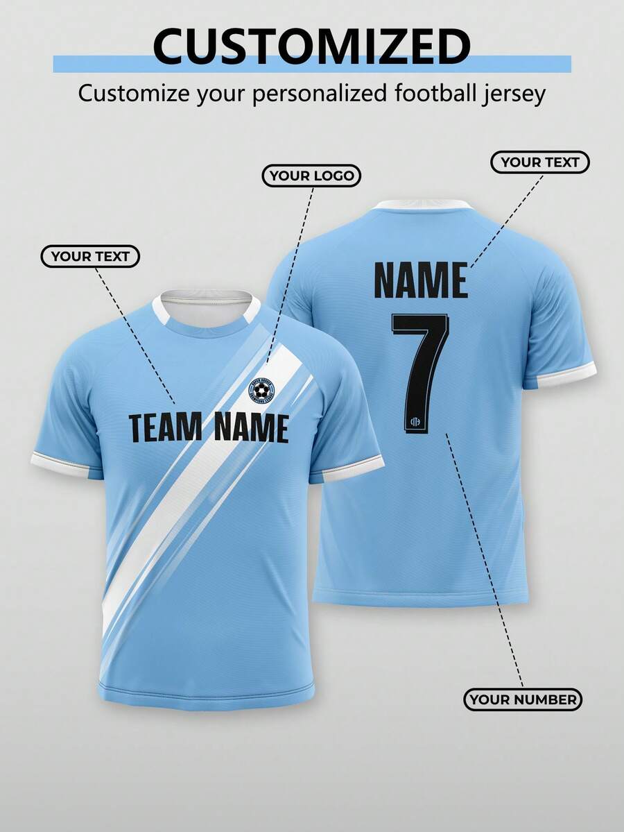 1pc Customized 2026 World Cup Theme Manchester City National Team Jersey, Blue And White Color Scheme, Decorated With Letters And Numbers. Can Be Customized As New Year Gift. This Is A Personalized, Comfortable, Casual Sports T-Shirt. Summer,Gym Wear - Baby Blue - View 1