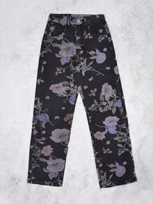 Quần jeans cạp cao in hoa, túi xéo, chất lượng cao, thanh lịch và thoải mái, quần ống rộng denim mài bóng phong cách thường ngày, thích hợp cho kỳ nghỉ hè của phụ nữ. - màu đen - Xem 4