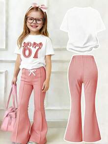 少女卡通数字印花短袖T恤和喇叭裤休闲套装 - 白色 - 查看 2