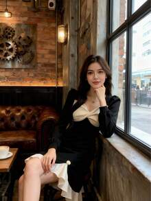 فستان طويل الأكمام بلون أسود غير منتظم، أكمام منتفخة مكسرة الحافة، فستان ضيق مشدود الخصر، مناسب للتصوير الفوتوغرافي والتخرج والحفلات والمواعيد وعيد الحب - متعدد الألوان - مشاهدة 13