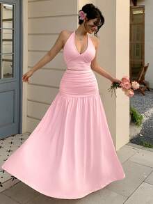 abyoxi Women's Light Pink Backless Tie-Up Cropped Top Paired With Ruffle Waist Maxi Skirt 2-Piece Set, Elegant Sexy Charming, Suitable For Romantic Dates, Parties, Formal Dinners, New Year, Valentine's Day, Spring/Summer Occasions - Baby Pink - View 6