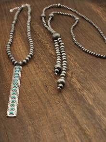 两件套复古银珠绿松石手工叠层Y型项链，时尚饰品，复古西部风格项链，适合日常佩戴或作为礼物 - 復古銀色 - 查看 6