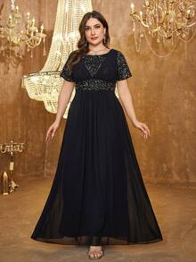 Abendkleid für Damen in Große Größen mit rundem Ausschnitt, regulären Kurzarmen, Pailletten-Patchwork und ausgestelltem Chiffon-Rock für Partys - Schwarz - Übersicht 4