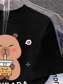 Tween Girl Minimalist Print Round Neck Short Sleeve T-Shirt - Black - View 4