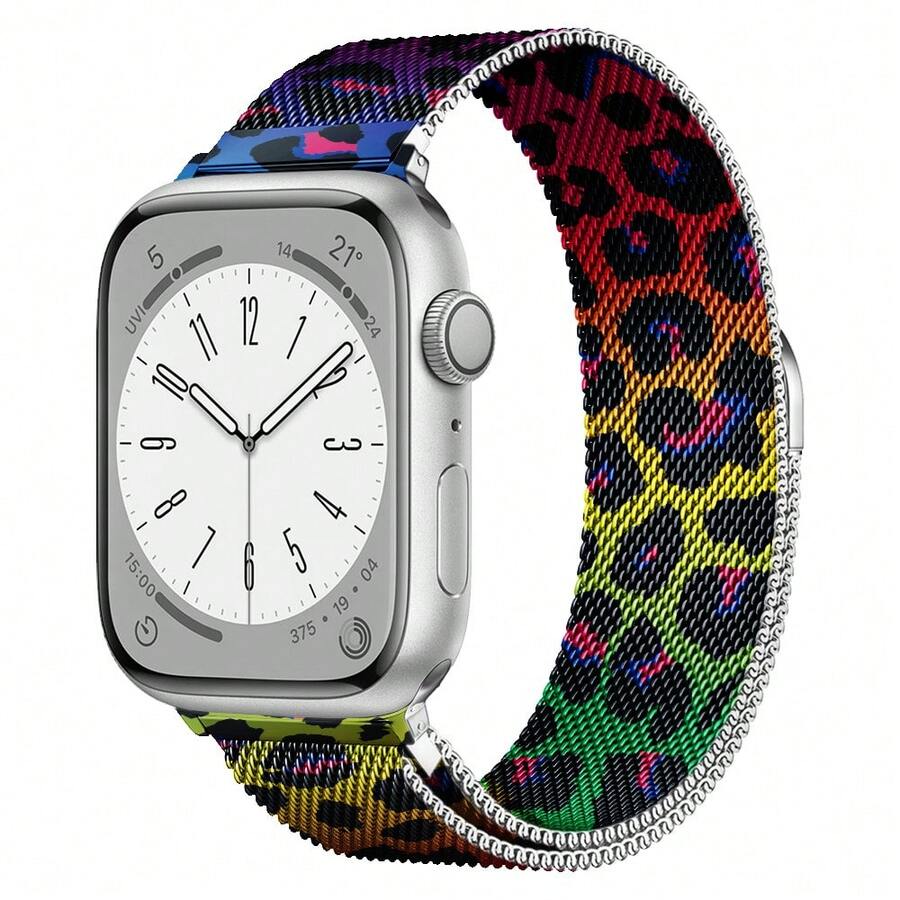 原装不锈钢表带，兼容 38mm、40mm、41mm、42mm、44mm、45mm、46mm、49mm 表径，磁吸式表扣，兼容 Series Ultra、SE、10、9、8、7、6、5、4、3、2、1，男女通用表带，兼容 Apple - 彩色豹紋 - 查看 1