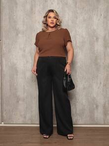 ONLYONE - PLUS SIZE WOMEN'S BLOUSE, SHORT SLEEVE, PRINCESS, PLEATED NECKLINE, LIGHT DUNES - ELEGANT WOMEN'S BLOUSES, LARGE - 鏽棕色 - 查看 4