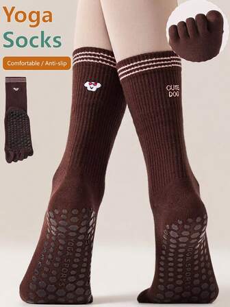 1 par söta broderade femfingers yogastrumpor för kvinnor, lämpliga för halkfri massage, inomhusyoga, utomhussporter