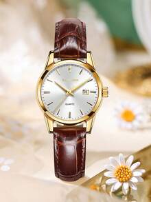 Girl's 30M Waterproof Watch Luminous Dial Mineral Glass Leather Strap Casual Quartz Wristwatch - Gold - View 2