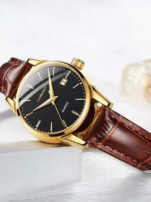 Girl's 30M Waterproof Watch Luminous Dial Mineral Glass Leather Strap Casual Quartz Wristwatch - Gold - View 10
