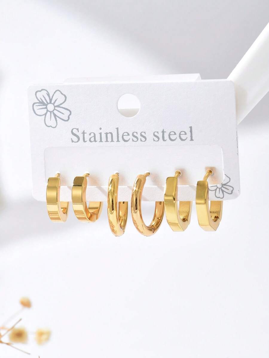 6pcs/Set Women's Stainless Steel Geometric Design Earrings Set, Suitable For Daily Wear - Multicolor - View 1