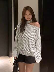 Casual Striped Asymmetrical Shoulder Long Sleeve T-Shirt Top For Women (Stripe Pattern Random) - Black and White Stripes - View 4
