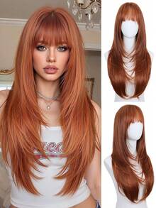 DZfirst 26 Inch Glueless Natural Black Wig For Women, With Bangs - Long Straight Layered Fashion Synthetic Hair, Pre-Bleached Lace Bangs, Realistic Scalp Design, Upgraded Premium Fiber, Wear And Go, Suitable For All Races, Wig, Easy To Wear, Elegant Hair Solution - Ombre Gold/Ombre Brown/Gold/Dark Brown/Ginger Copper - Multicolor - View 13