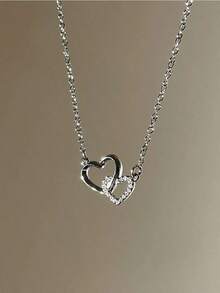 1pc Luxury Double Ring Heart Pendant Necklace, Delicate Zirconia Jewelry, Unique Design, Gentle & Sweet Unique Double Ring Design, Gentle Sweet  Jewelry,  Light Luxury Fashion Accessory, Suitable For Daily Wear, Date, Party, Valentine's Day, Mother's Day, Birthday Gift, Hypoallergenic Non-Tarnish, Best Seller Dainty Gift For Her, Girlfriend, Mom, Friends - 銀色 - 查看 6
