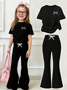 Bộ áo tay ngắn và quần ống loe in hình hoạt hình dành cho bé gái tuổi teen - màu đen - Xem 1