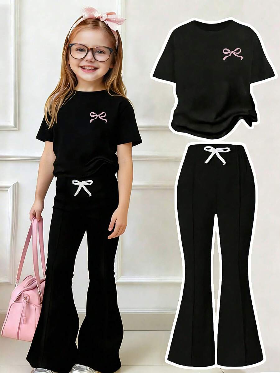 Bộ áo tay ngắn và quần ống loe in hình hoạt hình dành cho bé gái tuổi teen - màu đen - Xem 1