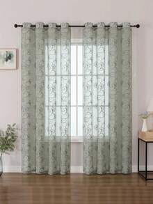2pcs Embroidered Ginkgo Leaf Sheer Curtains, Lightweight & Breathable, With Grommet Top, Semi-Transparent Blackout Curtains, Suitable For Living Room & Bedroom Decor - Mint Green - View 14