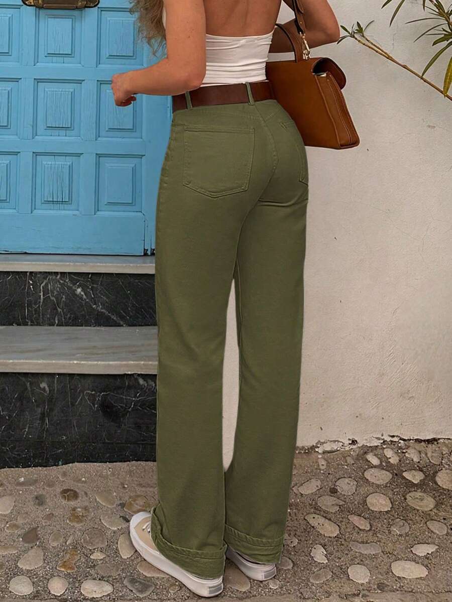 Women's Casual Straight-Leg Jeans - Army Green - View 1